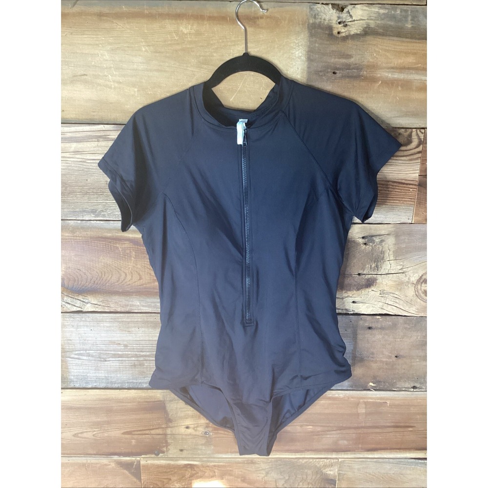 Sea Level Short Sleeve Zip One-Piece Swimsuit Black Size 12